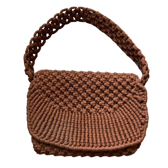 Vintage Handbags - Vintage Macrame Purse Shoulder Bag Fold Over Close Cottagecore Bohemian Brown